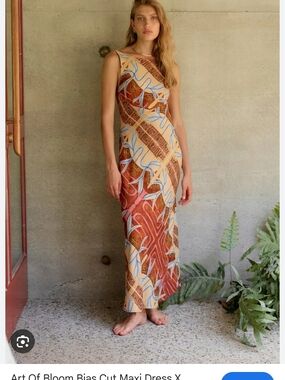 Art of Bloom Bias-Cut Maxi Dress in Rust, Cream & Blue